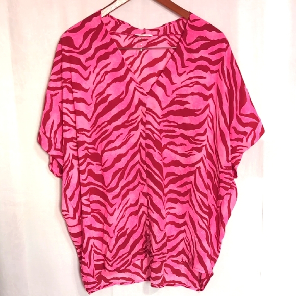Jodifl Pink Red Zebra Print Vneck Short Sleeve Blouse Size Large - Picture 1 of 4